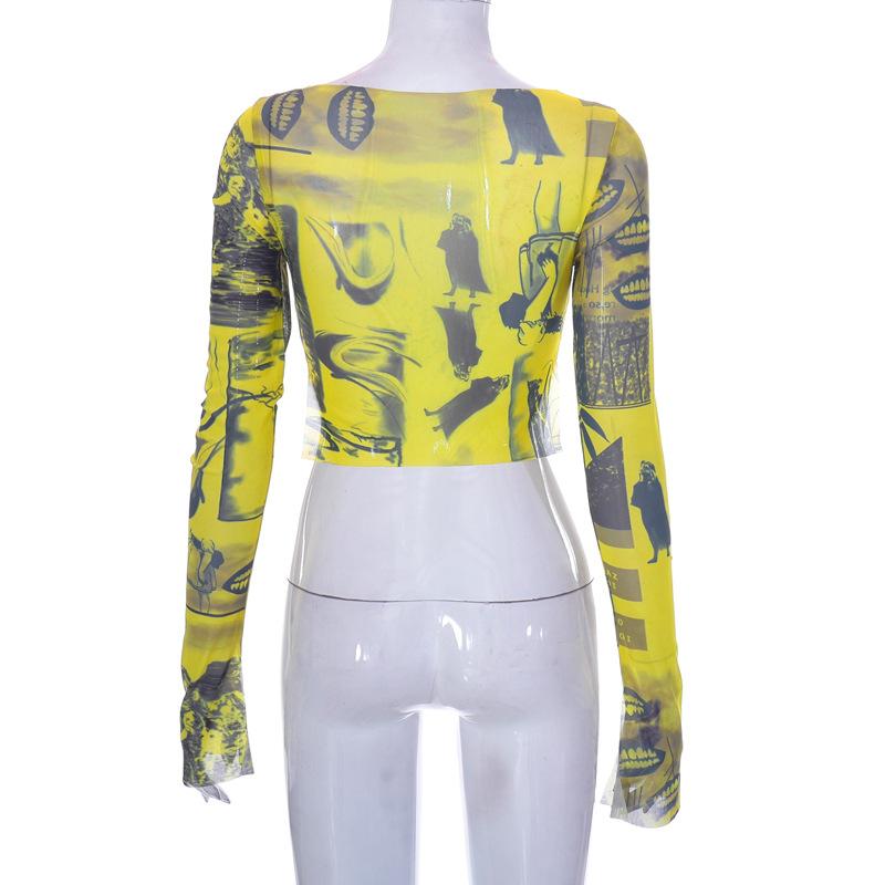 Dámské ležérní tričko s dlouhým rukávem Móda Potisk Síťovaná příze Odhalený topy s pupíkem