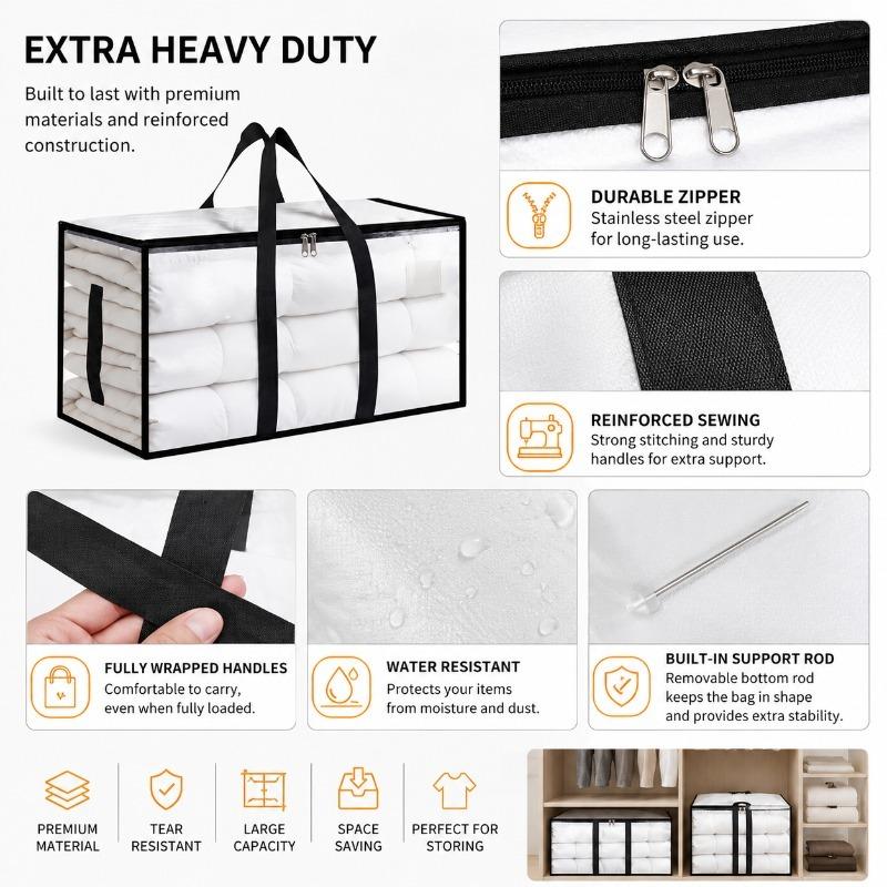 1Pc Heavy-Duty Waterproof Moving Storage Bag With Reinforced Handles And Zipper, Transparent Foldable Organizer Bag With Mesh Sides For Easy Viewing