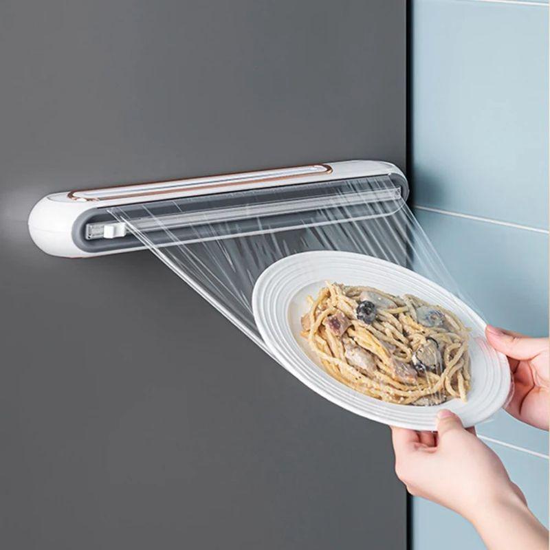 Magnetic Cling Film Dispenser with Cutter Wall Mounted Plastic Wrap Holder Kitchen Wrap Dispenser Organizer