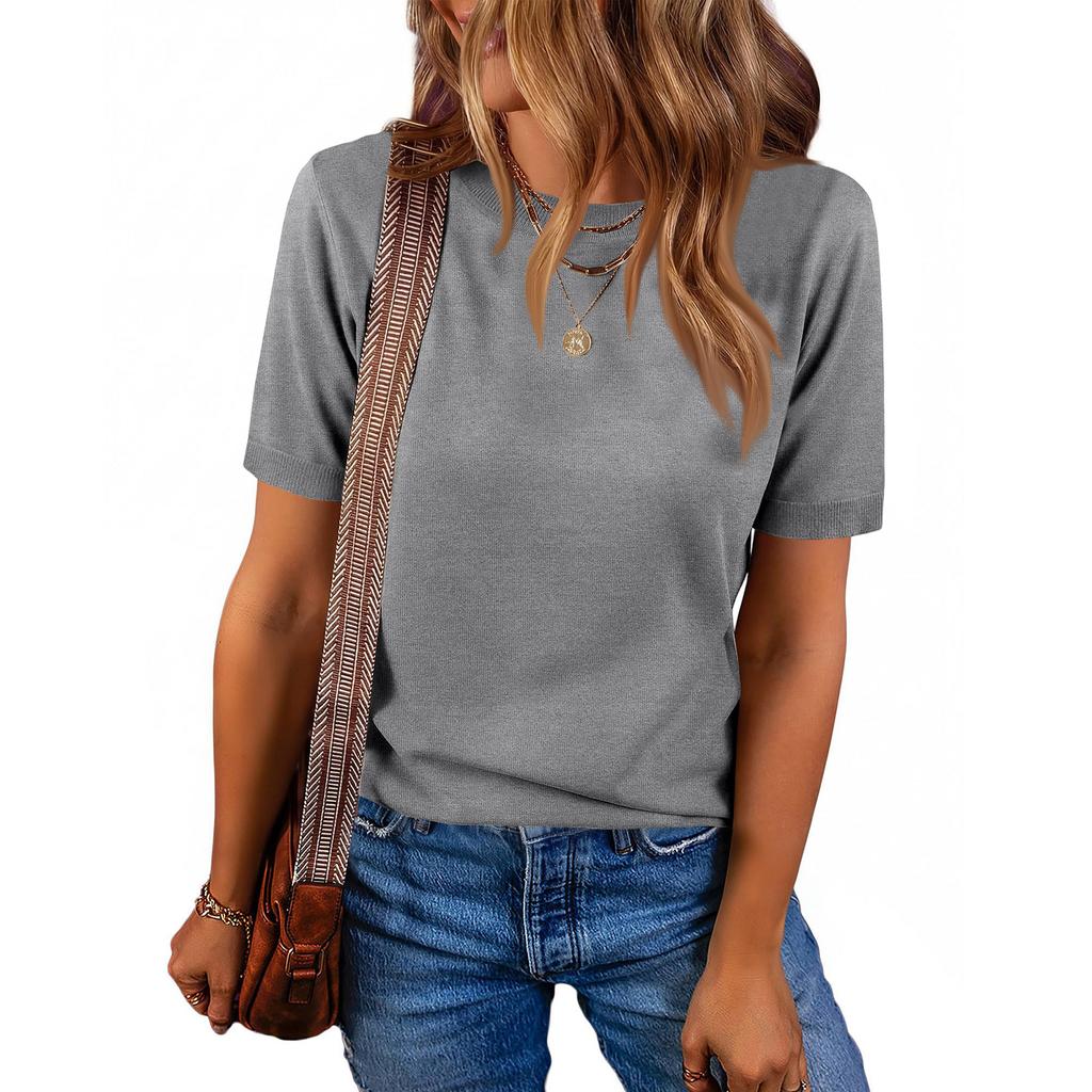 Women Pullover Sweater Wool Blend Short Sleeve Crew Neck Casual Lightweight Knitwear for Everyday Wear