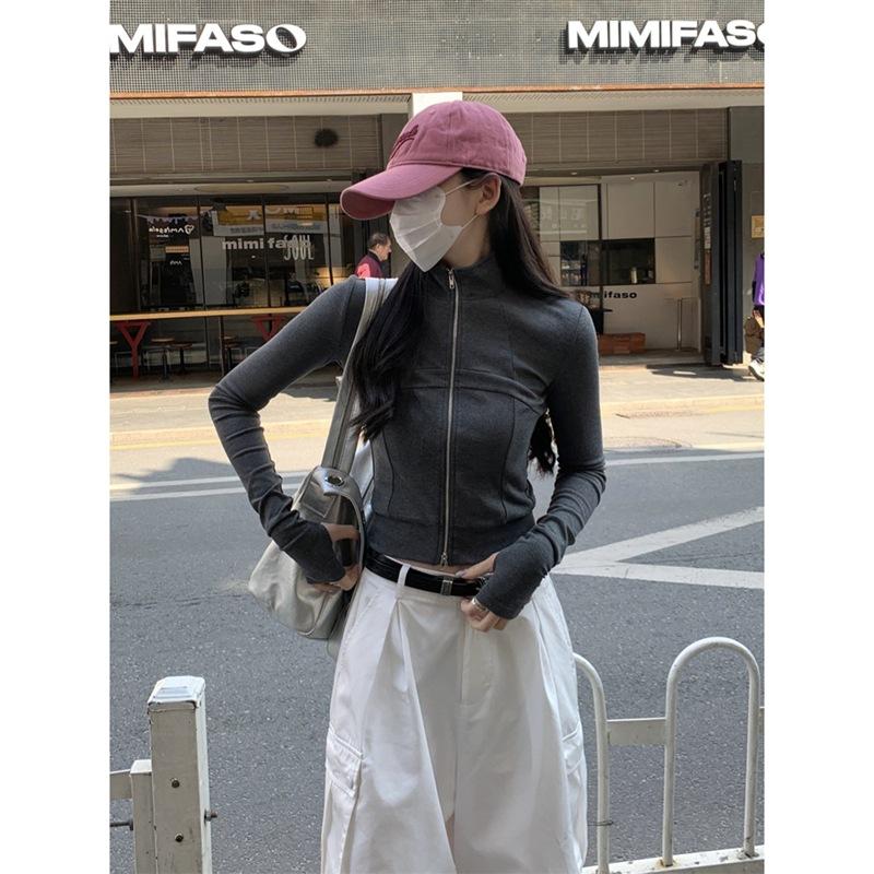 

Дизайнерский кардиган с длинными рукавами на молнии «рыбья кость», футболка, куртка для женщин, ранняя осень, новый однотонный приталенный короткий топ из немецкого вельвета XL серый