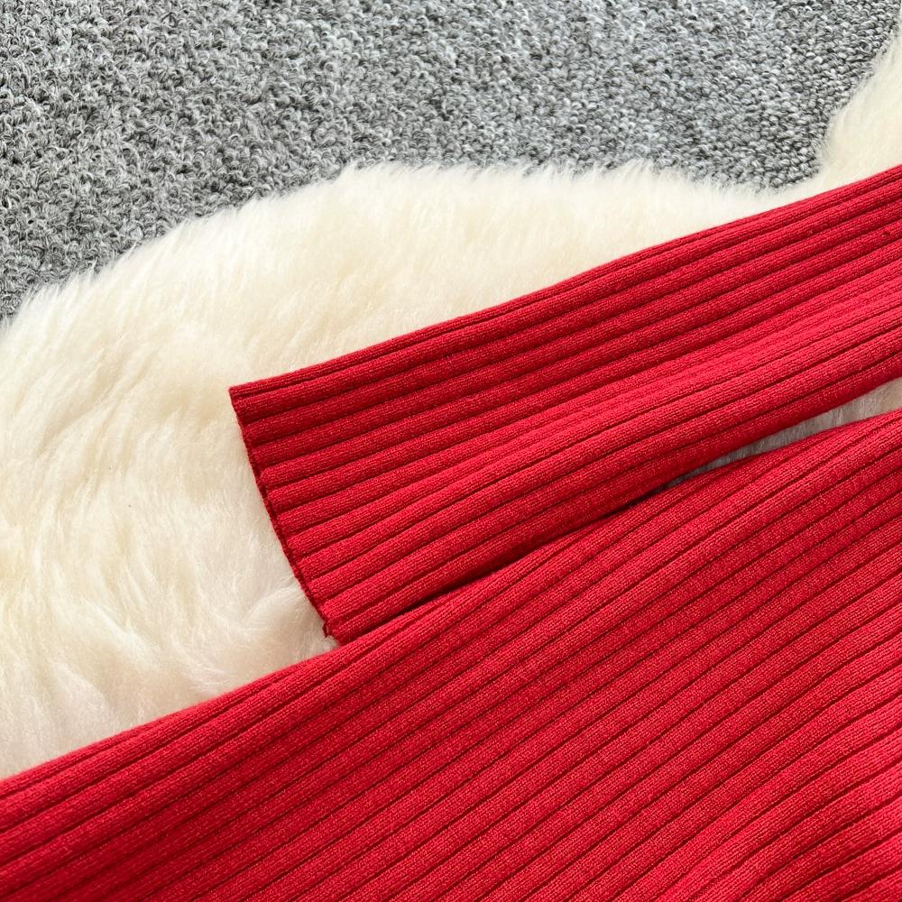 Autumn Winter Women Casual Turn-down Collar Knitted Sweater Long Midi Red Pullover Dresses