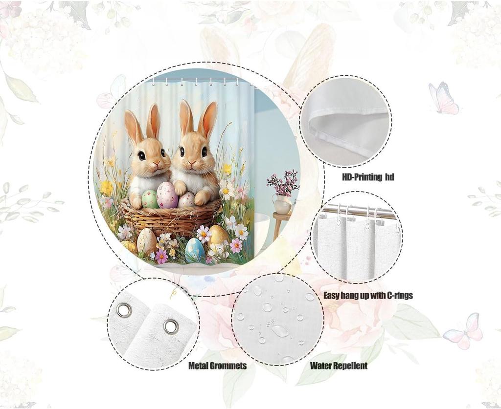 Easter Shower Curtain Happy Easter Cute Bunny Bathroom Decor Set with Colorful Floral, Cloth Fabric Bathroom Decor Set with