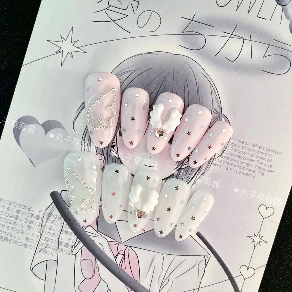 10Pcs Y2K Handmade Press On Nails Short Square Cartoon Stickers Pearl Wings Heart Bow Holiday Gift