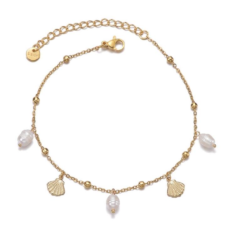 

Natural Shell Pearls Accented Anklet Stainless Steel Portable Chain Adjustable Beach Jewelry Gift for Her 1