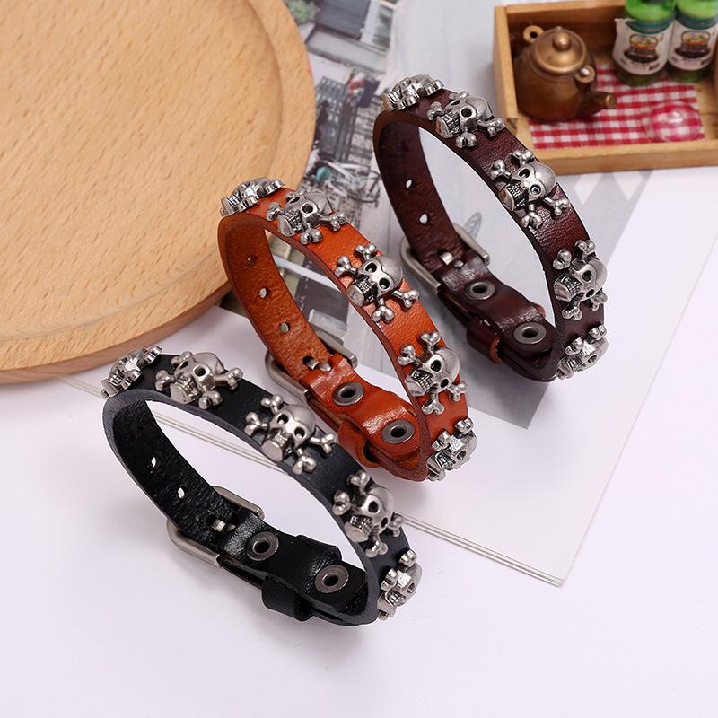 European and American New Style Jewelry, Popular on the Internet, Skull Punk Style Leather Bracelet, Simple and Adjustable Men's Accessory