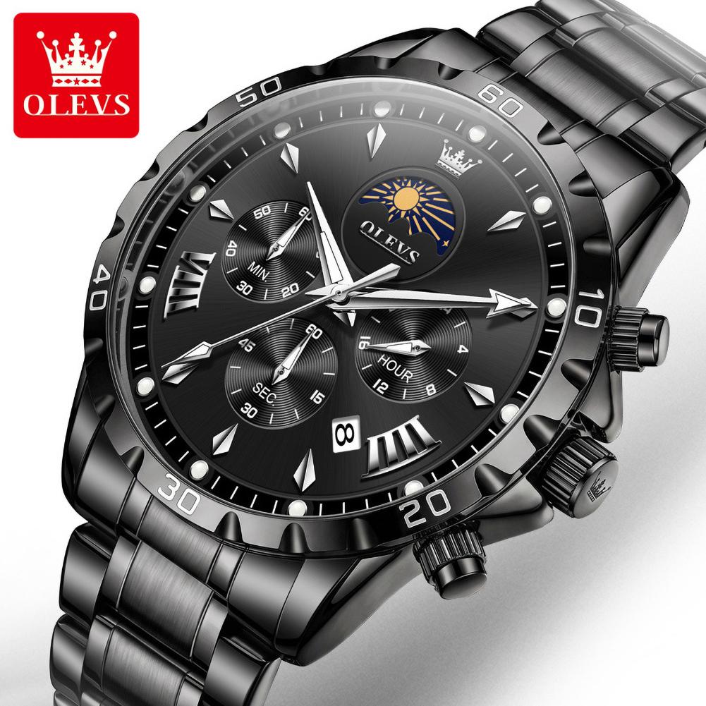 OLEVS Men's Quartz Watch Luxury Original Solid Steel Strap 24Hour Moon Phase Chronograph Waterprof Luminous Watch for Man 2949
