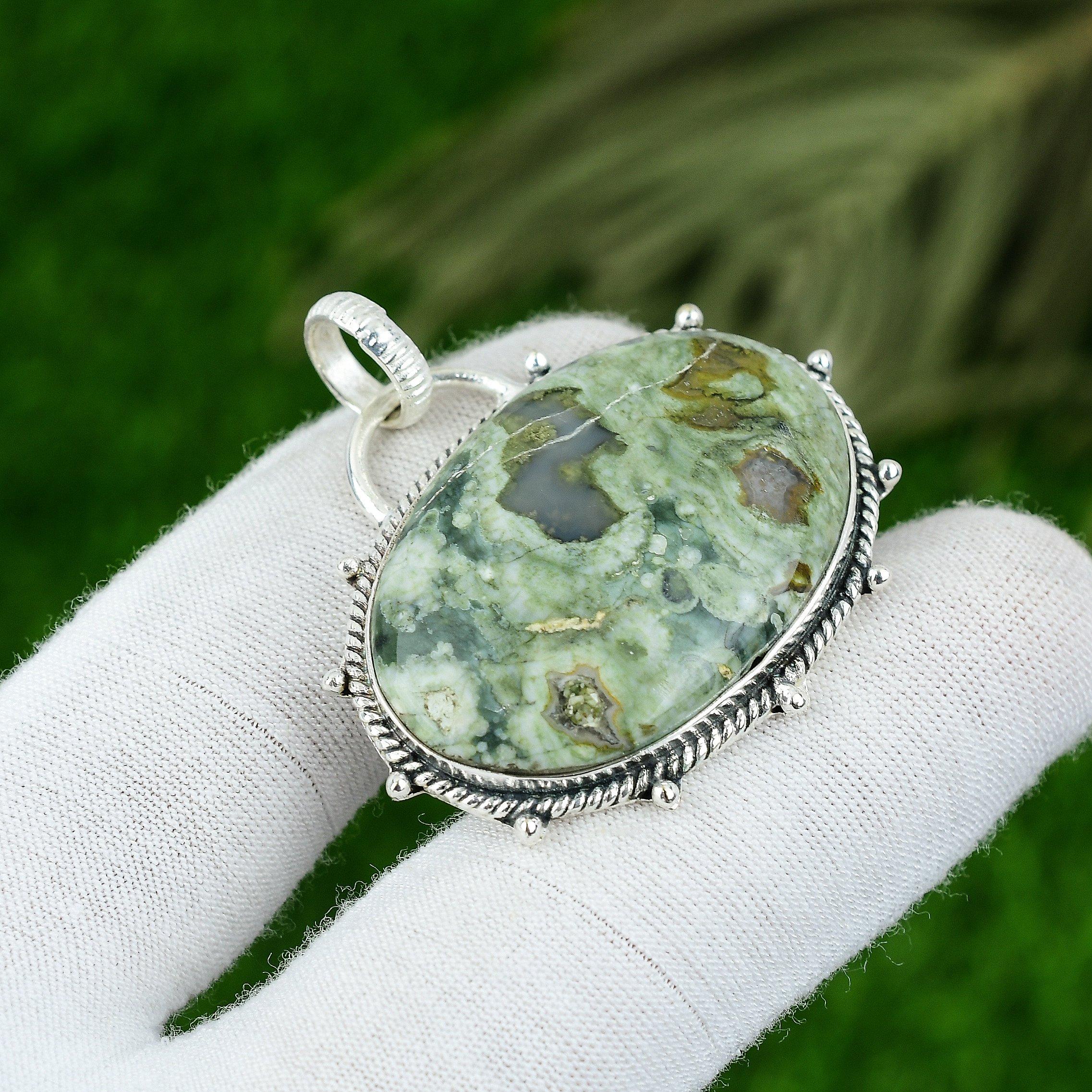 

Anniversary Gift For Her Natural Rainforest Jasper Gemstone Pendant 925 Silver
