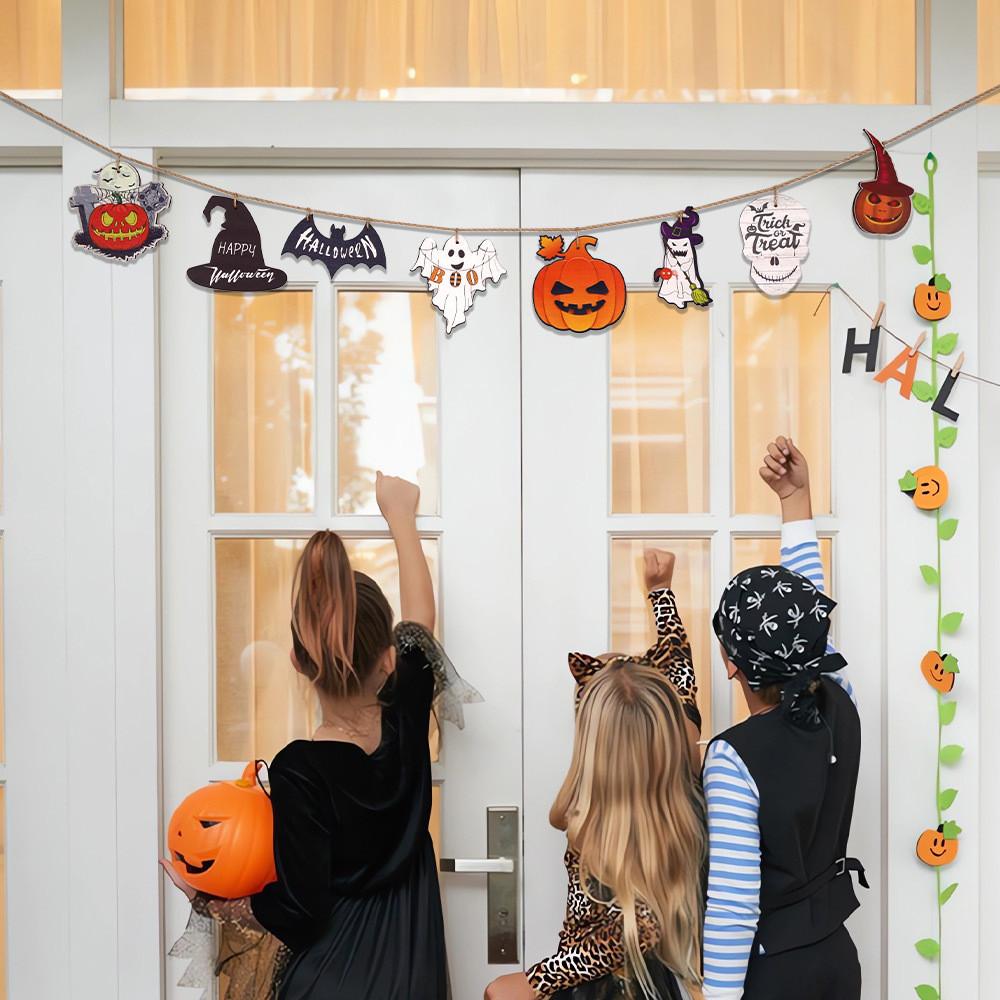 Themed Delightful Halloween Wooden Hanging Flag Decor With Ghosts Pumpkins And