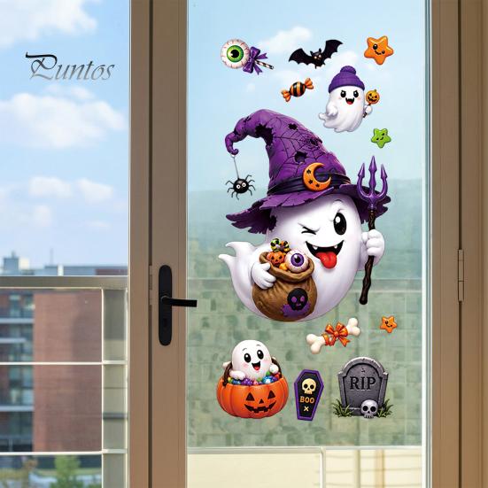 Festive Party Glass Supplies Halloween Witch Hat Ghost Window Clings, Spiders Bat Pumpkin Spooky Removable Stickers for Home Holiday Store Decoration