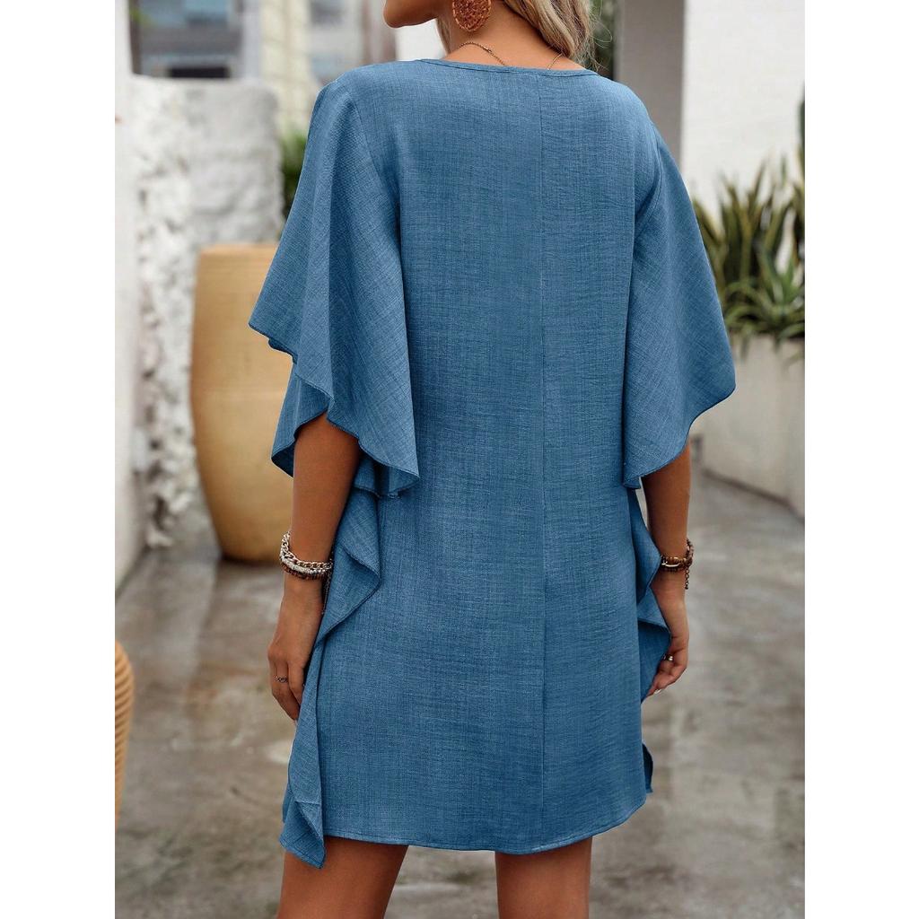 New Solid Color V-neck Ruffle Sleeve Loose Straight Casual Dress for Women, European & American Style Crossbody Dress