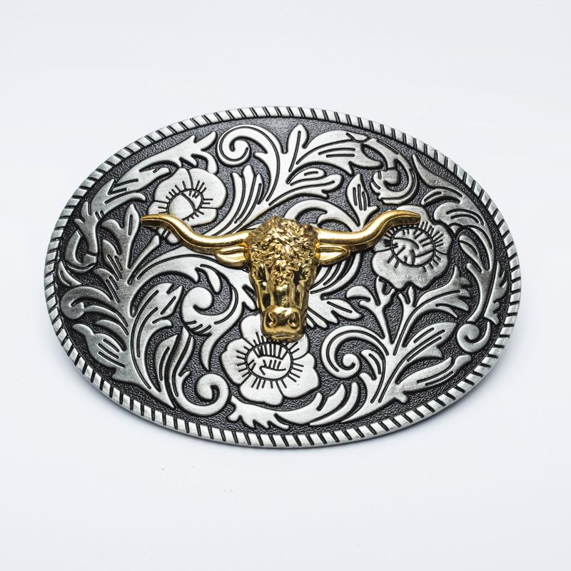 Taurus Western Style Zinc Alloy Bull Head Leather Belt with Vintage Patterned Buckle