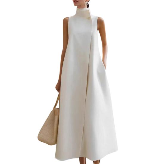 

Женское длинное платье с воротником-стойкой, без рукавов, на одной пуговице, А-силуэта, макси, для официальной обстановки, делового офиса, работы M белый