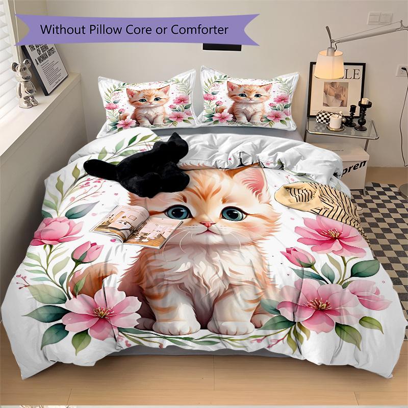 3pcs Cats & Flowers Pattern Bedding Three-Piece Set (1 Cover + 2 Pillowcases, No Fillings), This Printed Bedding Set Is Soft and Comfortable, Sui