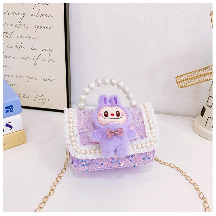 Labubu Children's Plush Lace Pearl Shoulder Bag - Crossbody Storage for Kindergarten Kids