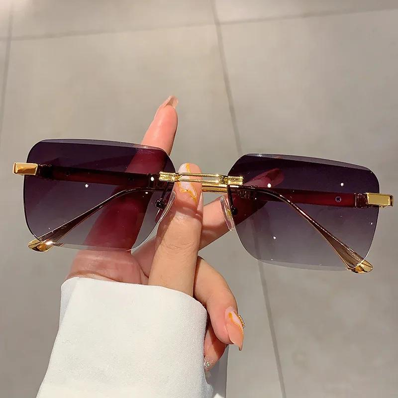 Popular Vintage Rimless Square Sunglasses Women For Men Sun Glasses Punk Pink Shade Luxurious Brand Designer Metal Material Eyeglasses UV400