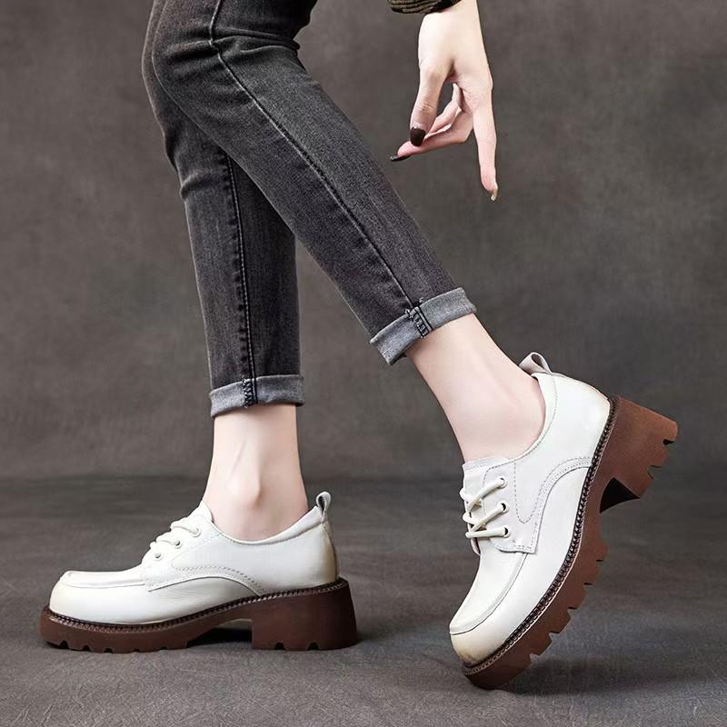 New first-layer cowhide small leather shoes women's thick heel retro lace-up casual shoes medium heel four-season single shoes