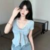 Women's Light Blue Lace V Neck Bow Split Front Mesh Inner Slim Short Sleeve Top