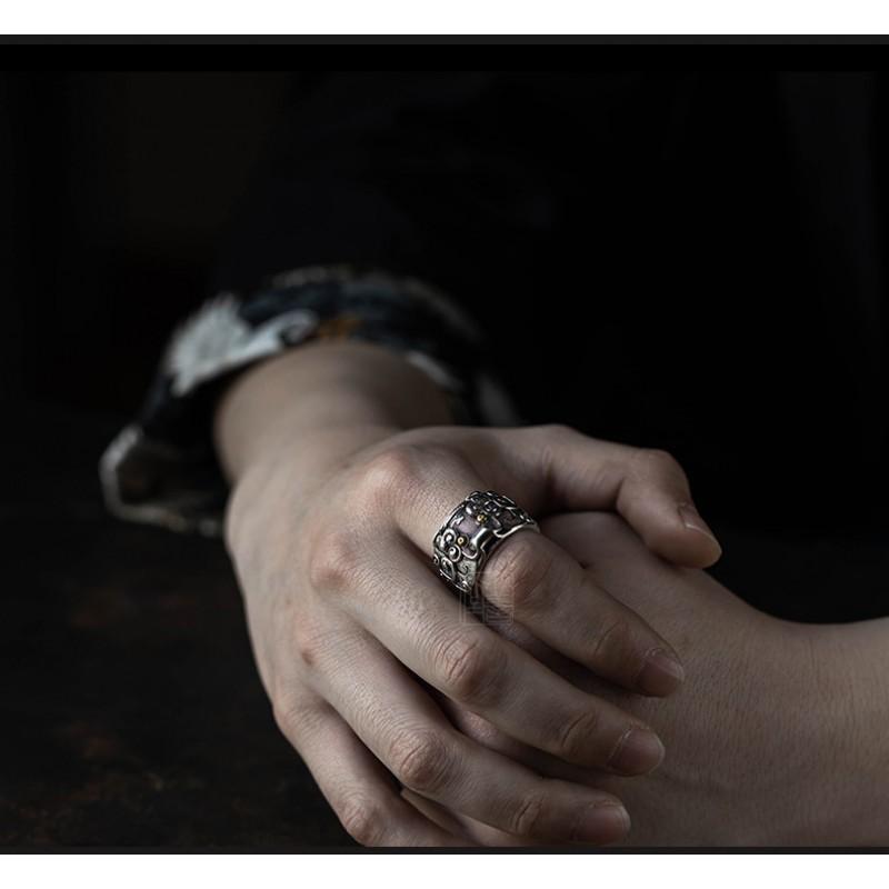 Verstellbarer Offener Ring Herren Damen Sterling Antiker Bestien-Motiv Vintage-Stil Geometrisches Statement