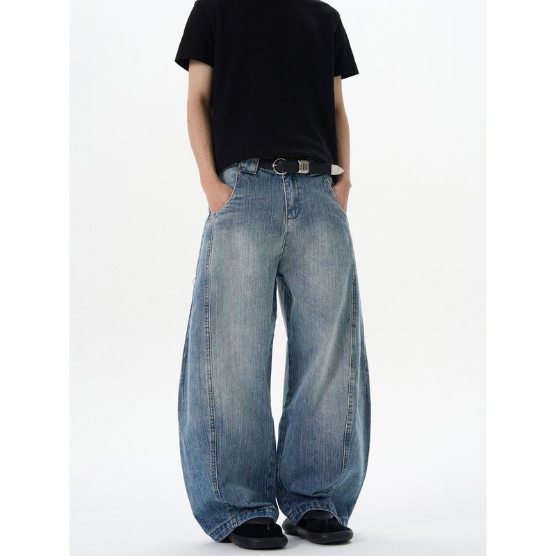 Kisko American High Street Style Bamboo Texture Contrast Stitching Design Curved Knife-Cut Jeans Unisex Trendy Brand Wide-Leg Loose Pants