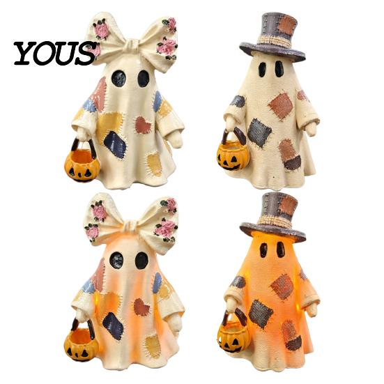 Decorative Ghost Couple Set Halloween Patchwork Ornament, Hanging Pumpkin Lantern Resin Vintage Creative Holiday House Decor Figures for
