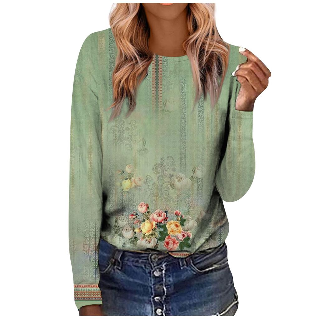 Women's Fashion Casual LongSleeve  Print Round Neck Pullover Top Blouse