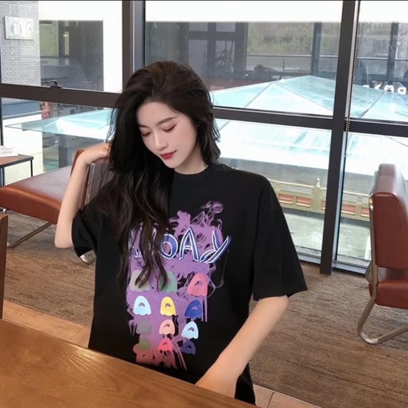Updated Summer Black T-shirt for Womens Short-sleeved Trendyable Relaxed Fit Korean Mid-length Printed Blouse