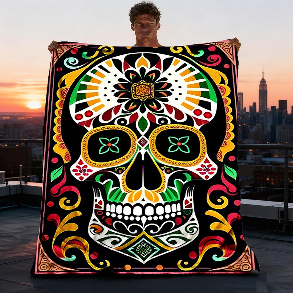 1pc Sugar Skull Artwork Print Outdoor Blanket, Lightweight Polyester,