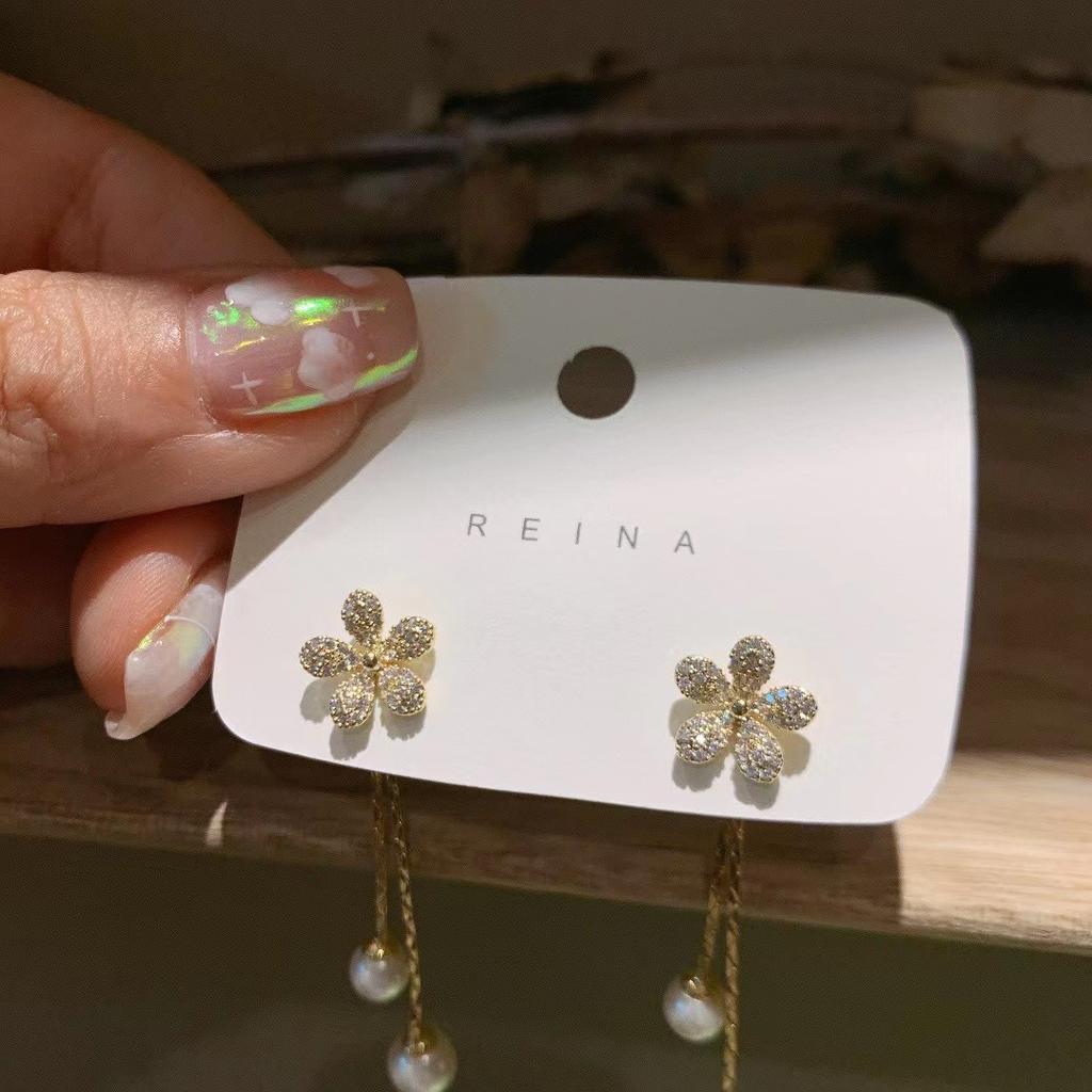 2026 Trend New Zircon Flower Earring Female Temperament Tassels Imitation Pearl Drop Earrings for Women Fashion Jewelry Gif