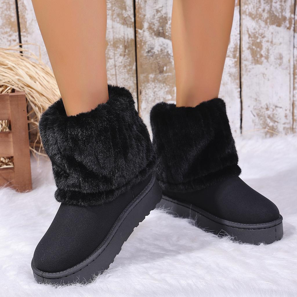 Fashion Women Round Toe Warm Thickened Plush Winter Beige Mid Calf Boots Thick Sole Casual Comfortable Anti Slip Women Snow Boot