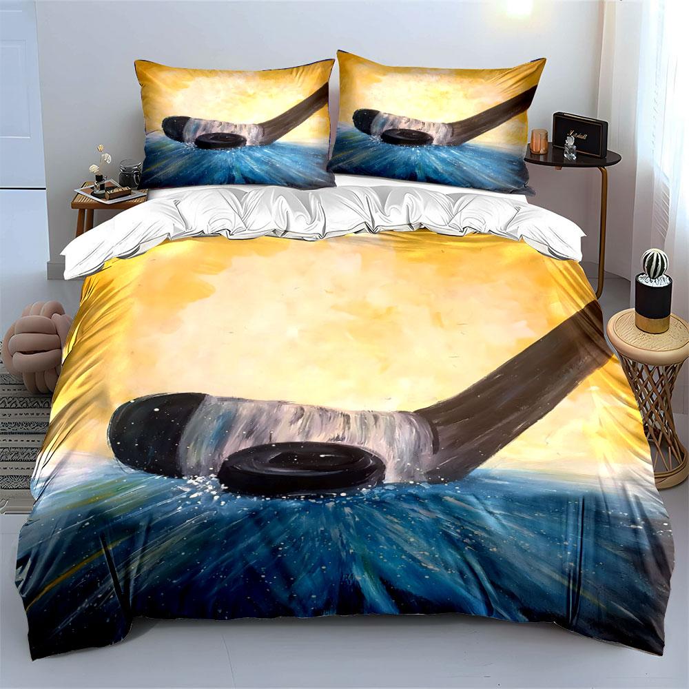 Hockey Stick and Puck Splash Art Print Bedding Set Duvet Cover Pillowcases (1* Duvet Cover 2* Pillowcases Do Not Include Comforter)