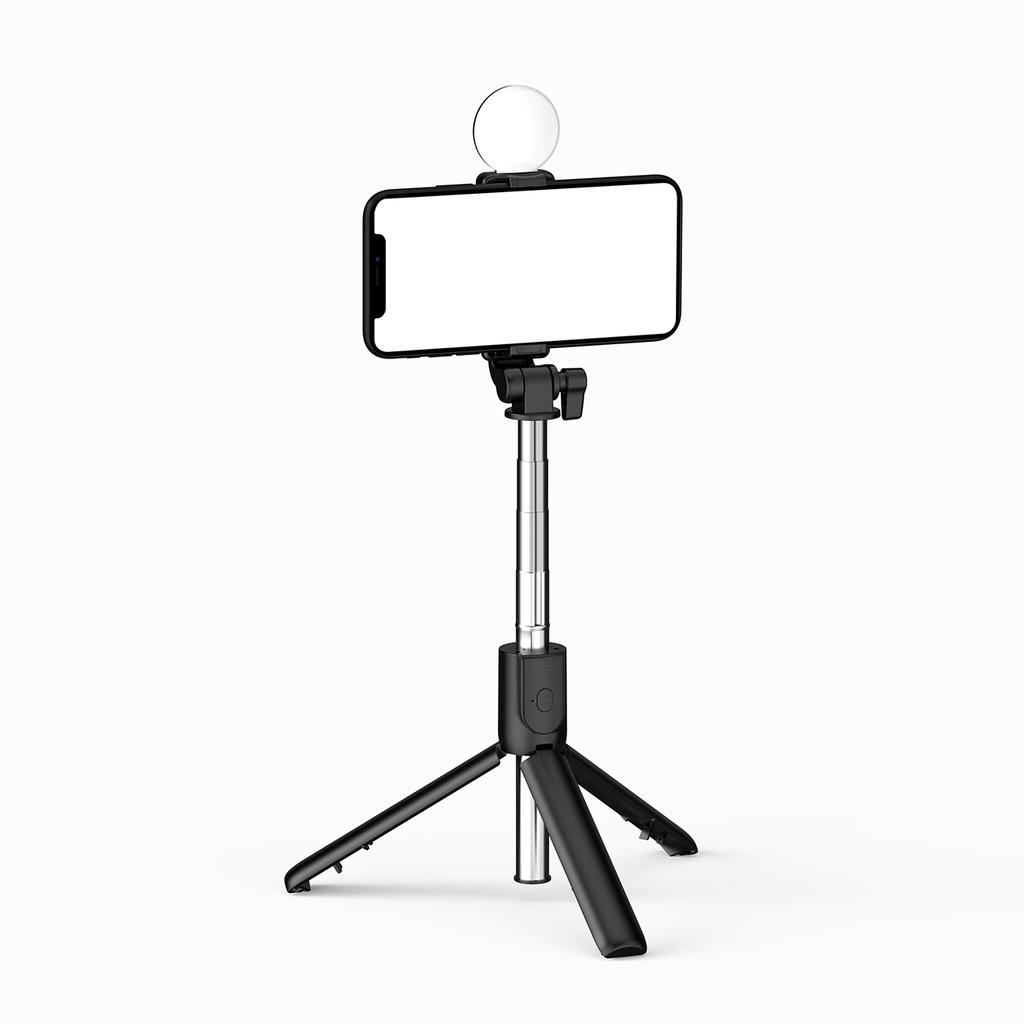 Telescopic selfie stick with remote control, LED lamp, phone tripod stand, 071m black