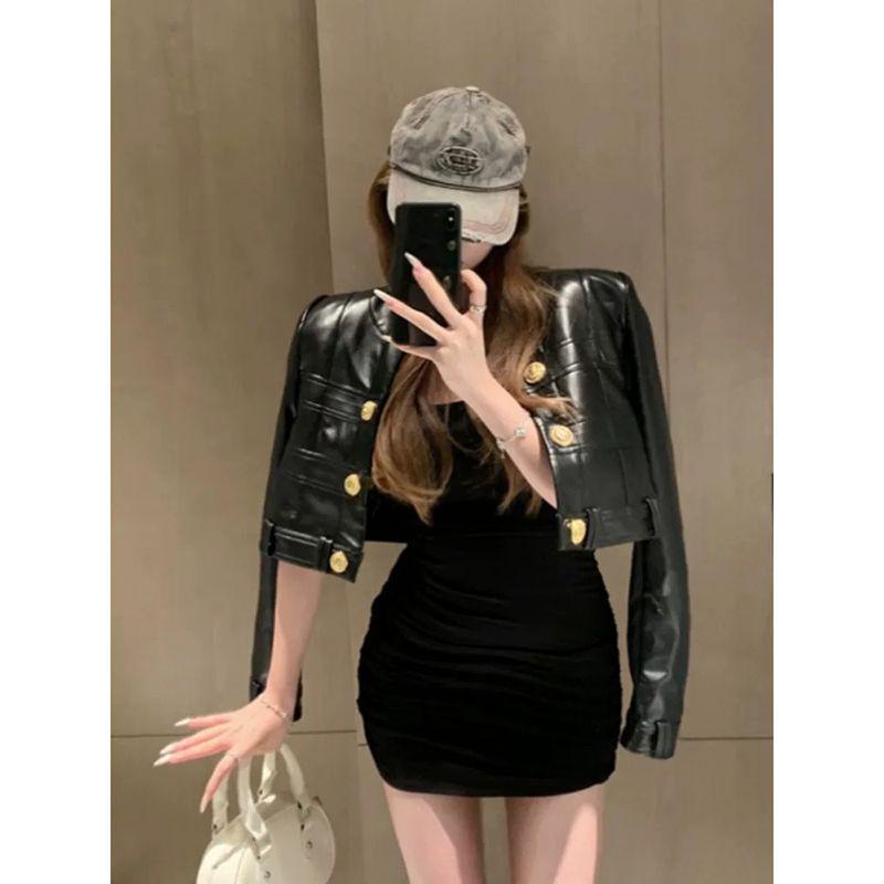 Women's Black Leather Cardigan: French Style, Loose Fit, Long Sleeve Short Jacket