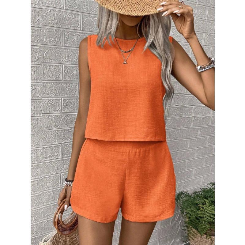 Women Sleeveless Round Neck Tank Top And Shorts Set Solid Color Casual Two Piece Outfit