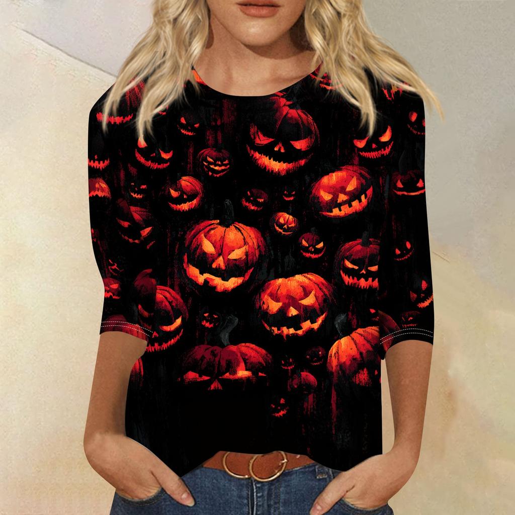 Women's Halloween Print Shirt 3/4 Sleeve Round Neck Loose Fit Casual Blouse Top Comfortable Everyday Wear