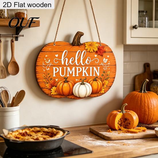 Thanksgiving Holiday Ornament Fall Wooden Sign Door Hanger, 2D Sunflower Pumpkin Gnome Wall Indoor Outdoor Art Plaque, Rustic Farmhouse Autumn Hanging