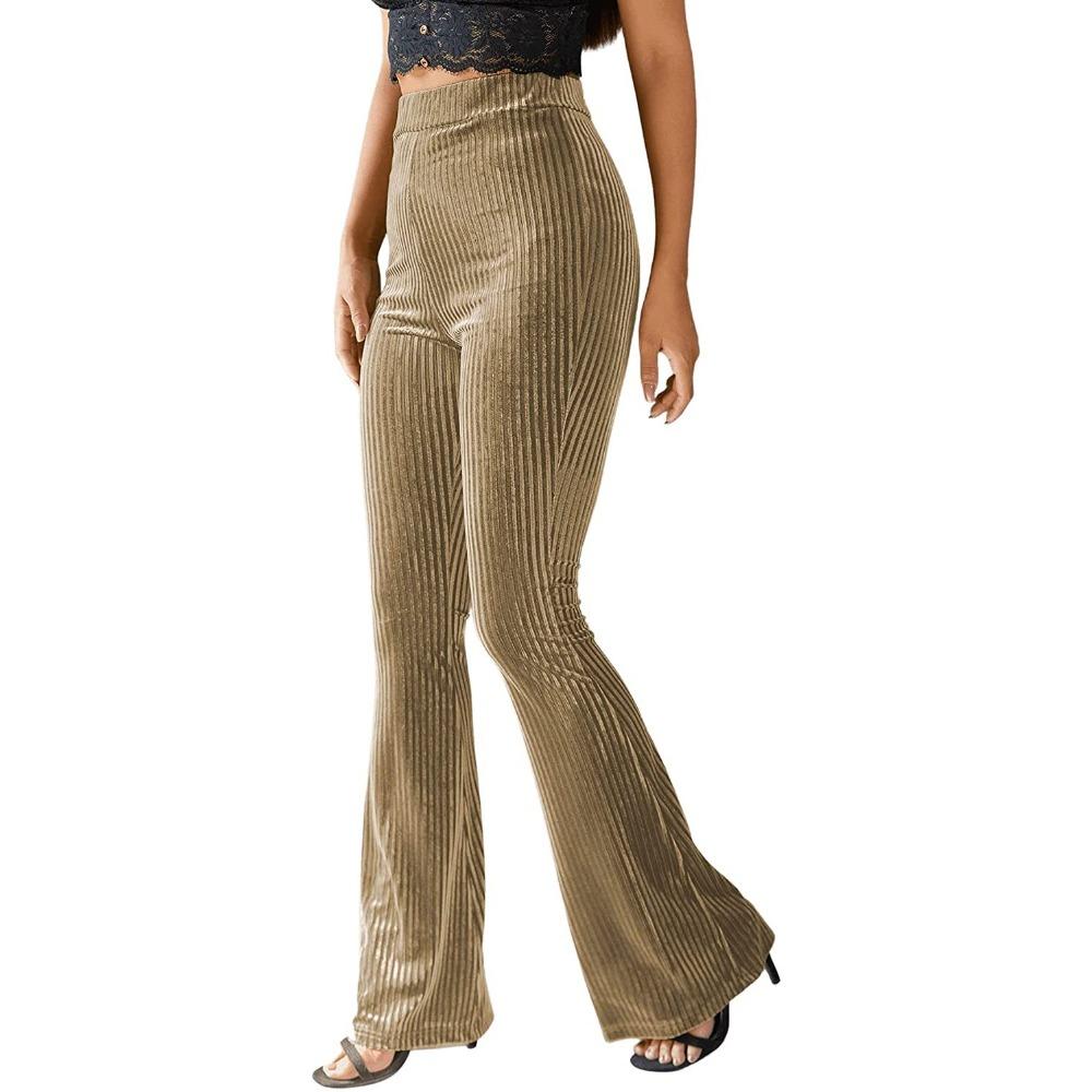 Women's High Waist Velvet Ribbed Flare Pants Slim Fit Solid Color Micro Bell Bottom Long Trousers