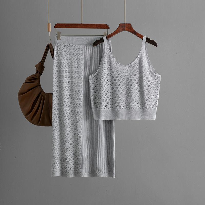 Sommar Ihålig Kort Hängselstickad Set Halvkjol Casual Tvådelad Set