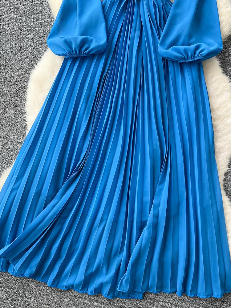 Vestido Elegante de Moda Primavera Outono para Mulheres Novo Francês Borda Cogumelo Crimpado Solto Chiffon Manga Longa Vestido Longo