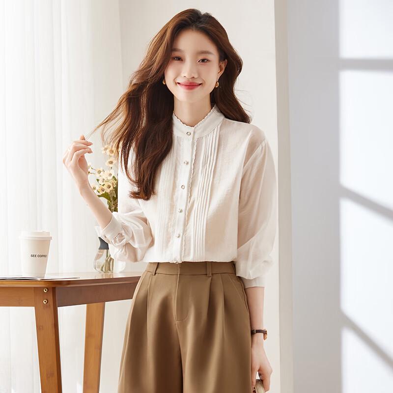 Women's Stand Collar Ruffle Long Sleeve Shirt