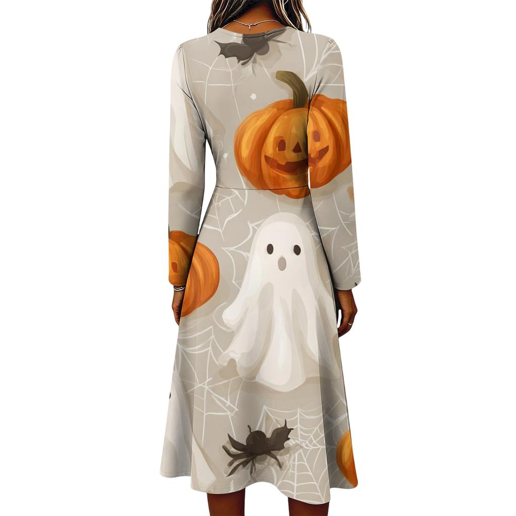 Women's Casual Halloween Print Long Sleeve V-Neck Dress with Pockets