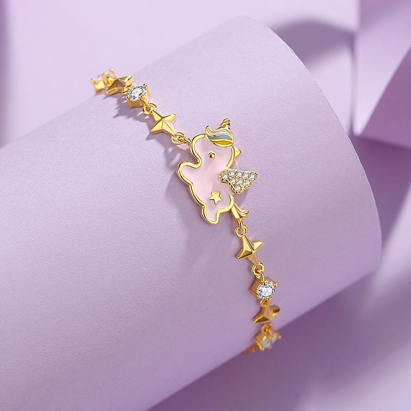Tichia Rainbow Unicorn Bracelet: S925 Silver, Enamel, Heart Design for Women