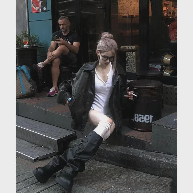 Geacă de piele retro de motocicletă pentru femei 2024 - Design larg, plisat