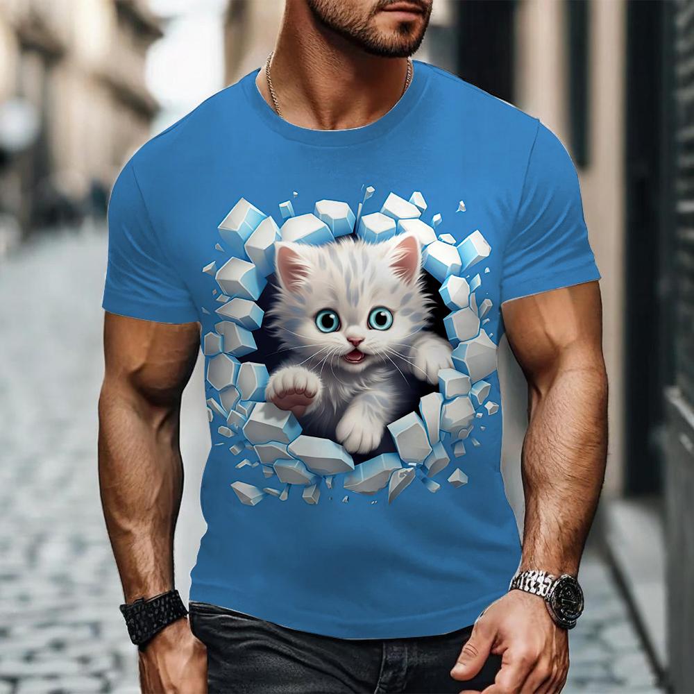 Letní Pánská Trička s Krátkým Rukávem s 3D Potiskem Kreslené Kočky s Kulatým Výstřihem
