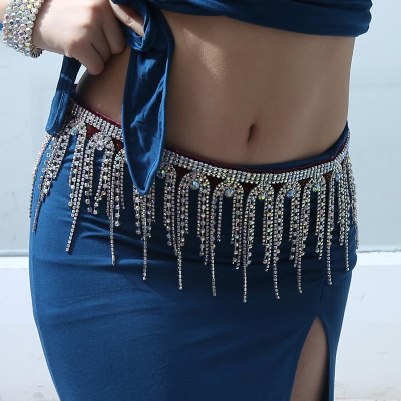 Crystal Studded Gold Silver Belly Dance Belt Adjustable Body Jewelry Tassels Body Jewelry