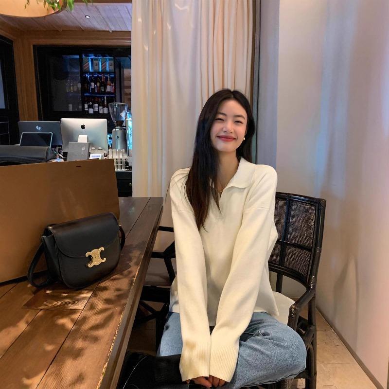 Black polo neck sweater women's casual lazy wind loose v-neck pullover knitted top new in autumn and winter