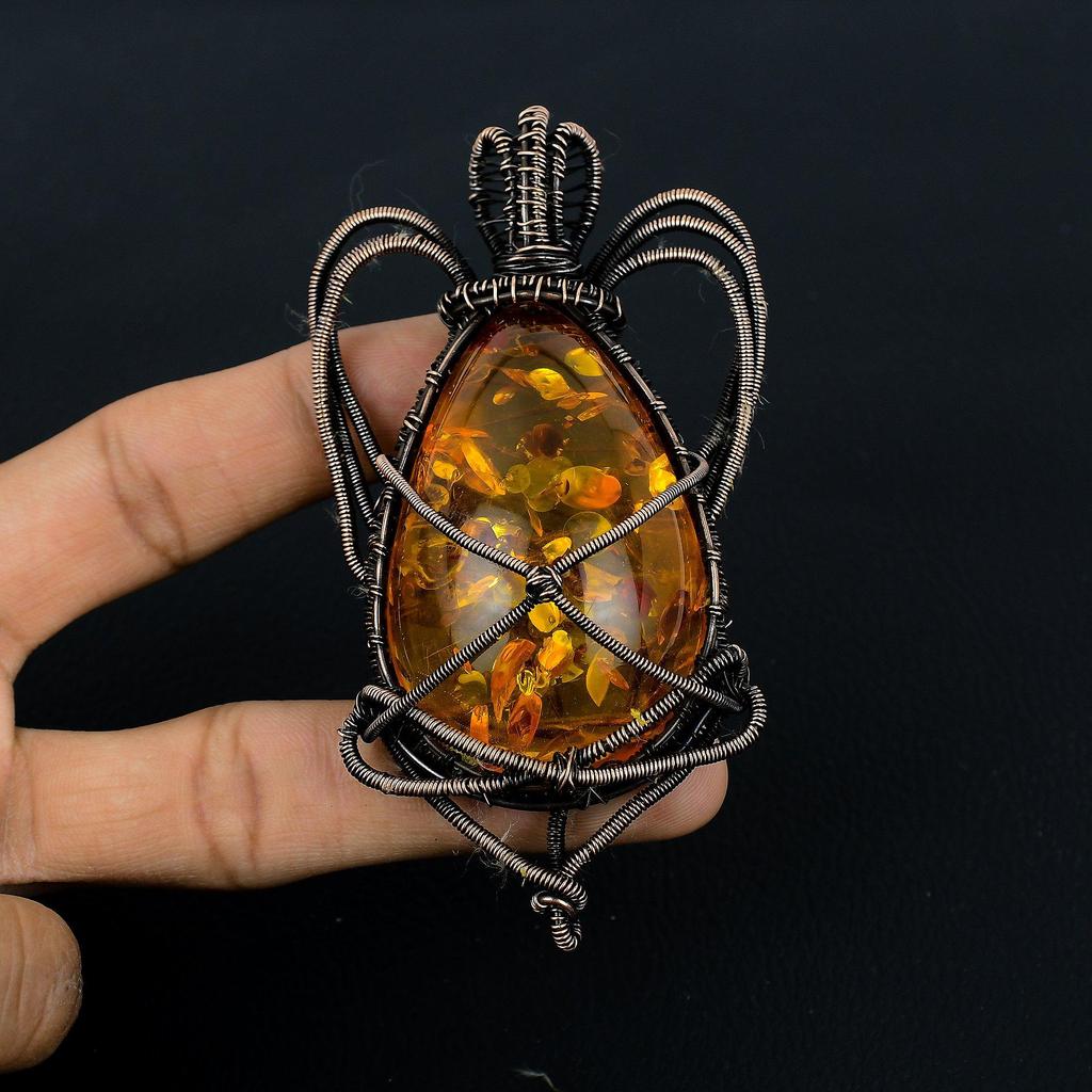 Baltic Amber Pendant, 999 Copper Wire Wrapped Gemstone Jewelry, Handmade Pendant For Mother Day