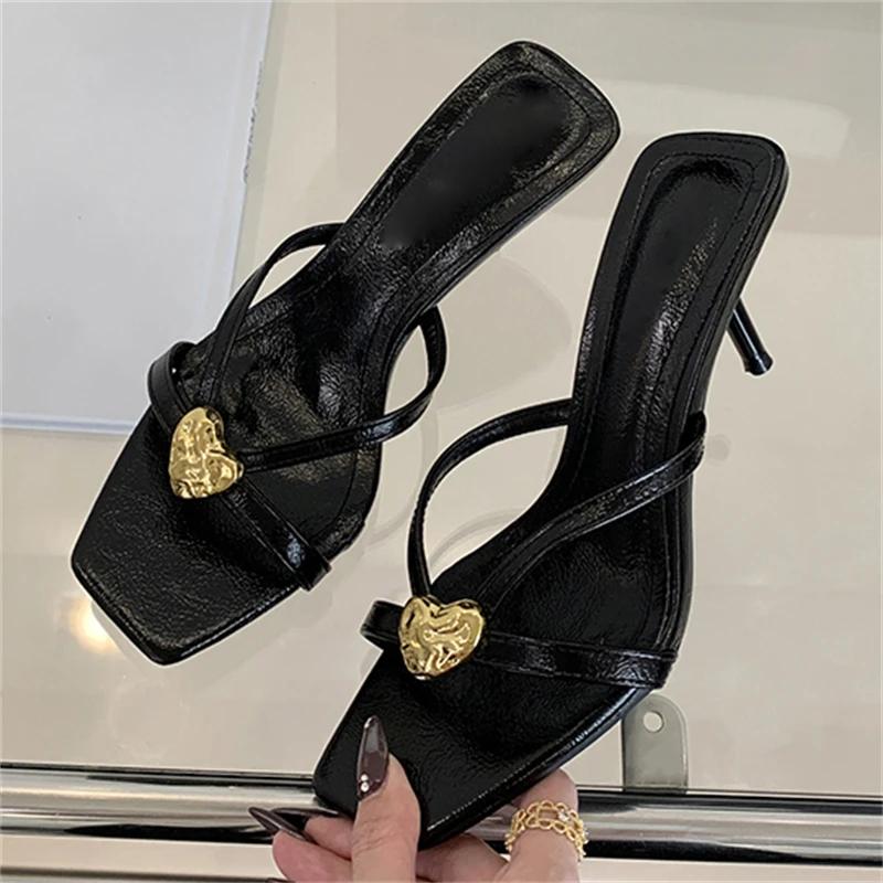 Eilyken Summer Square Toe Women Slippers Narrow Band Sandals Thin Low Heels Party Female Slide Shoes Zapatos De Mujer