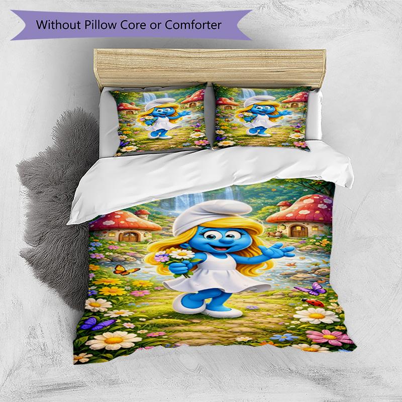3pcs Duvet Cover Set (1*Duvet Cover + 2*Pillowcase, Without Core), Blue Smurfs Print Bedding Set, Bedroom Decor, All‑Season, Birthday Gift