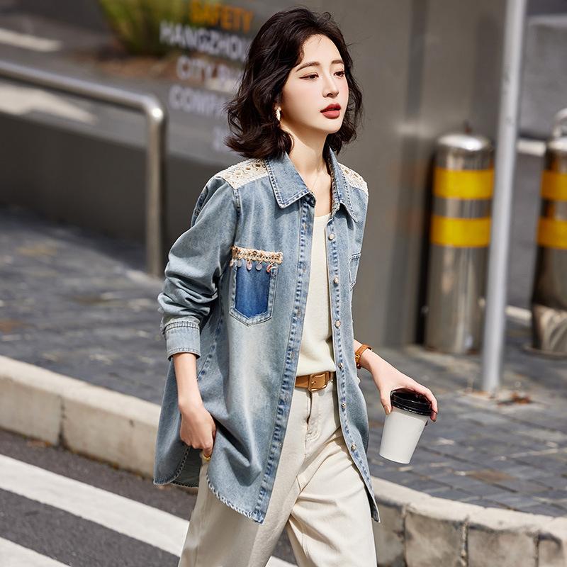 

Джинсовая рубашка женская весна и осень новый дизайн рубашка модный лацкан повседневный топ куртка XL джинсовый синий